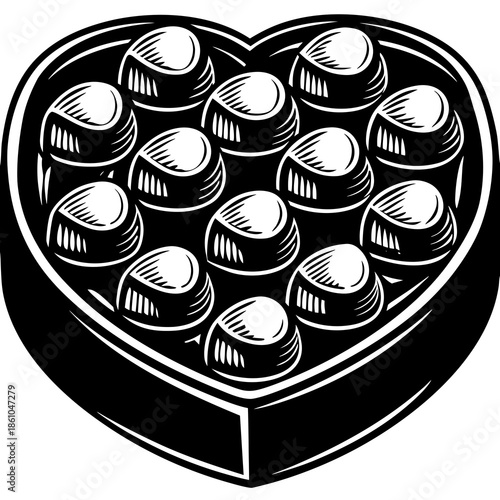 Assorted chocolates arranged in a heart-shaped box, viewed from above, showcasing sweet treats in a romantic gesture.