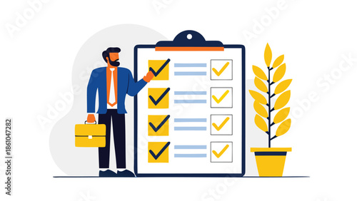 Businessman checking tasks on a clipboard list