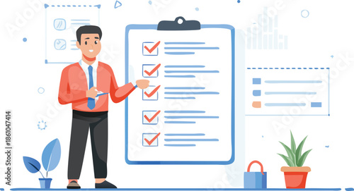 Businessman reviewing checklist on large clipboard with satisfaction