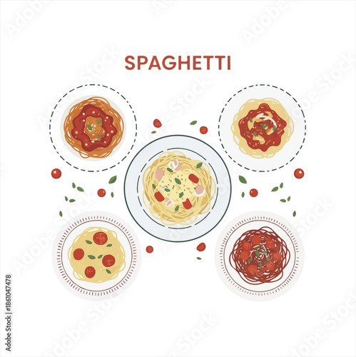 A digital illustration of various spaghetti dishes with different toppings arranged on plates. Perfect for food blogs, restaurant menus, and culinary magazines.