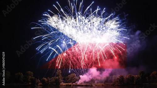 Czech Republic Flag Fireworks Explosion Blue White Red. Dynamic Czech National Flag Pyrotechnics Display. Celebratory Triangular Blue Section Fireworks.