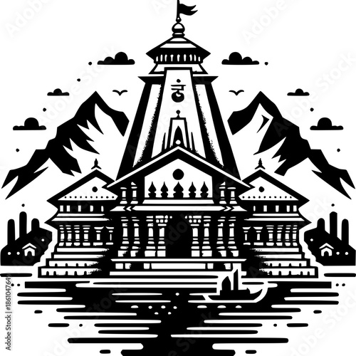 Sacred Sanctuary: A meticulously designed illustration of a sacred temple set against a backdrop of majestic mountains and serene skies, symbolizing spiritual reverence.