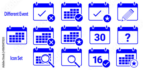 Calendar event icon set with checkmark, cross, and star status symbols, date numbers, pencil edit, magnifier search, and question mark reminder elements, blue flat vector UI collection isolated