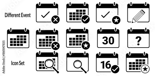 Black and white calendar event icon set with checkmark, cross, star, magnifier search, question mark, and number symbols, for scheduling, planning, reminders, and appointments, flat vector.
