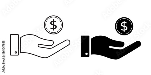 Hand holding a dollar coin icon, black and white variations for financial transaction, payment, currency exchange, and banking concepts, flat vector illustration.