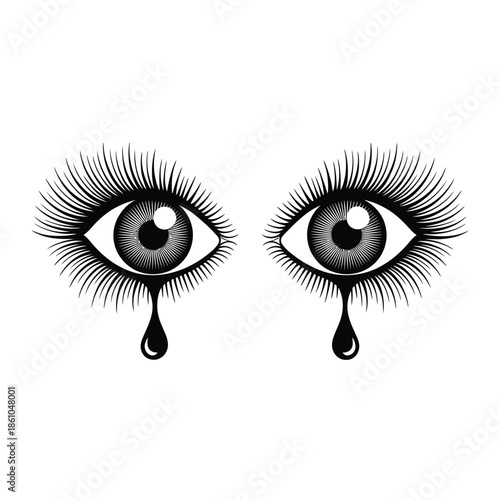 A pair of expressive eyes with long lashes and falling teardrops