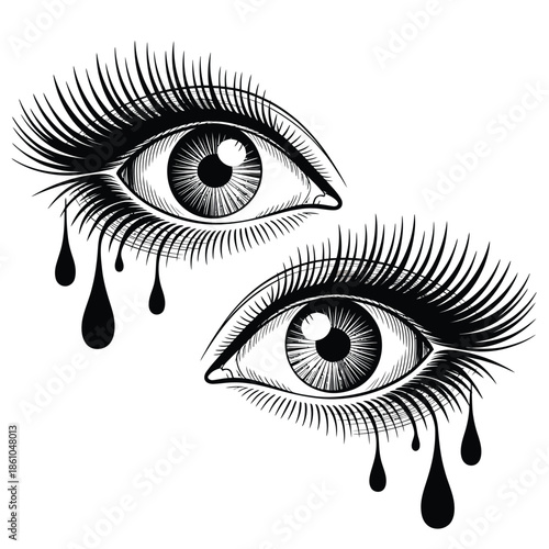 A pair of expressive eyes with flowing teardrops a striking black and white illustration