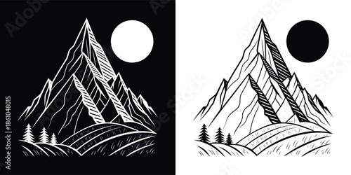 Mountain range illustration in black and white, featuring a majestic peak under a celestial body, set against a serene landscape, isolated on white background