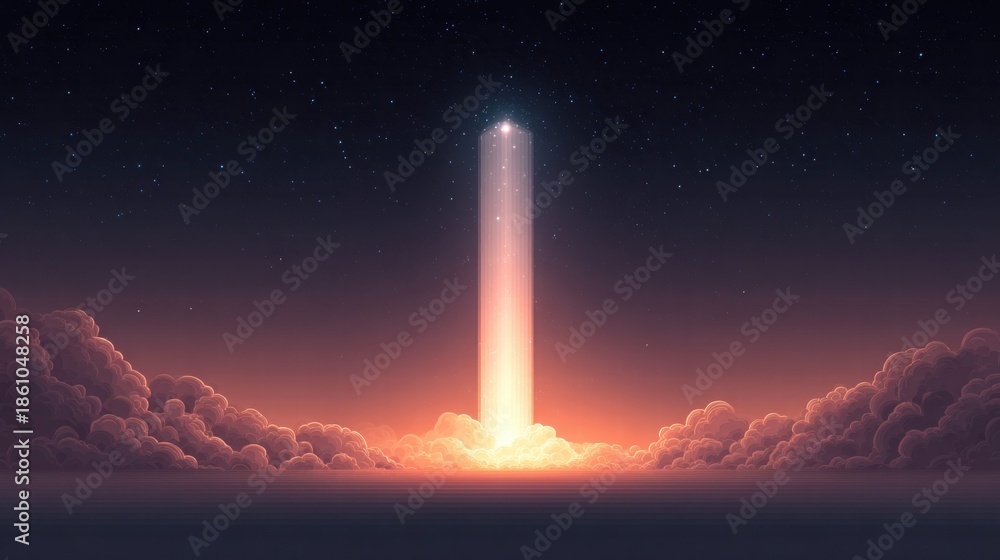 Obraz premium A beam of light pierces through the clouds into the starry night sky.