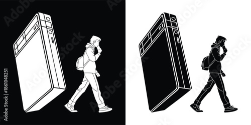 Student walking with a giant book illustration on black and white background, a symbol of education, knowledge, and learning, perfect for school or library themes