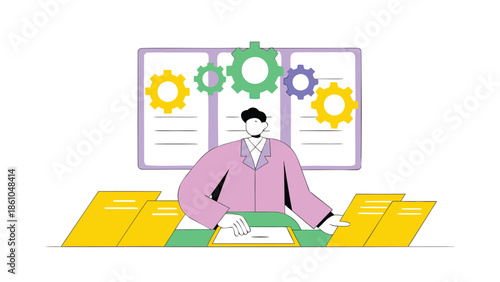 Businessman working diligently at modern office desk with paperwork