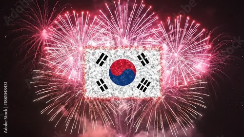 South Korea Flag Fireworks White Black Red Blue Taeguk. Celebratory Korean National Flag Pyrotechnics Display. Dynamic Yin-Yang Trigram Fireworks.