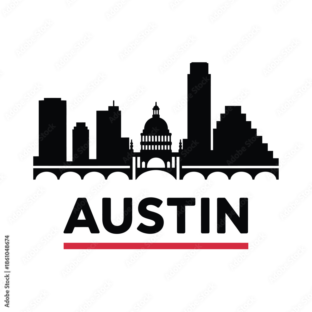 Naklejka premium Austin texas skyline silhouette with city name typography below