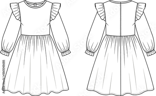 Girls Long Sleeve Ruffle Shoulder Dress Technical Drawing Vector Template with Front and Back View