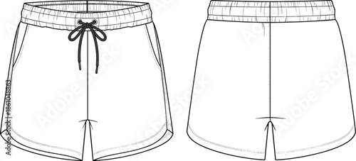 Men's Sports Shorts Technical Drawing Vector Template with Elastic Waistband Drawstring and Front and Back View