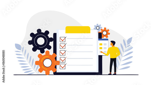 Businessman reviewing checklist on large clipboard with gears