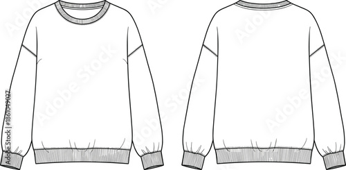 Unisex Oversized Sweatshirt Technical Drawing Vector Template with Crew Neck and Ribbed Trims in Front and Back View