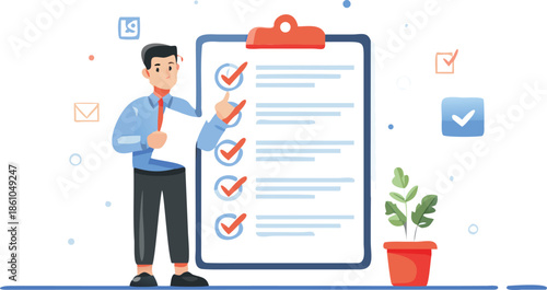 Businessman reviewing checklist on large clipboard with satisfaction