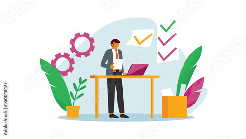 Businessman working diligently at modern office desk with checklist