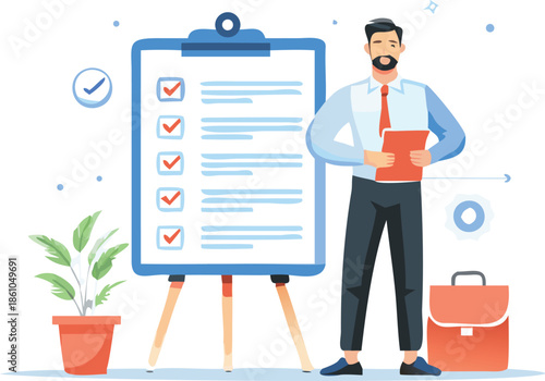 Businessman reviewing checklist on clipboard with briefcase and plant nearby