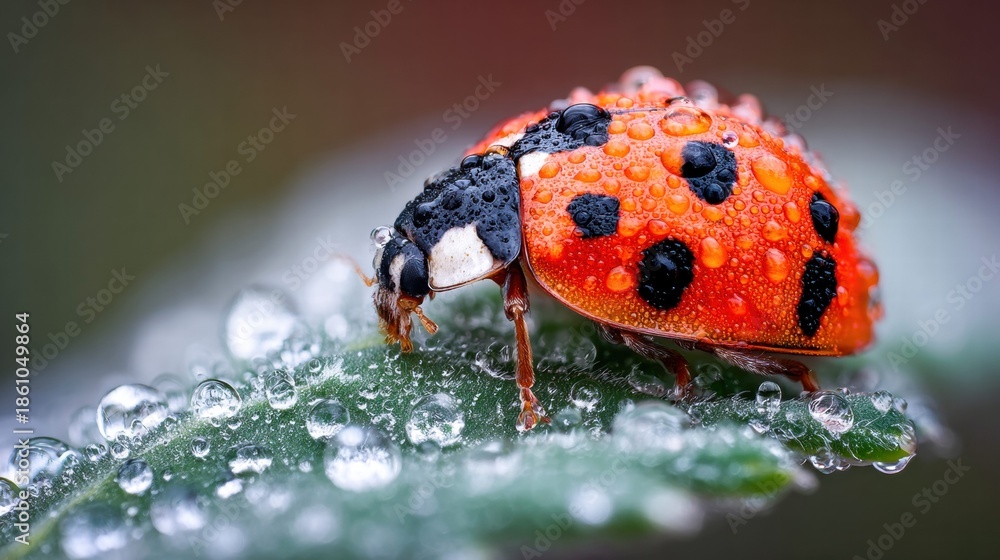 Obraz premium Ladybug covered in water droplets on a green leaf, showcasing nature's beauty.
