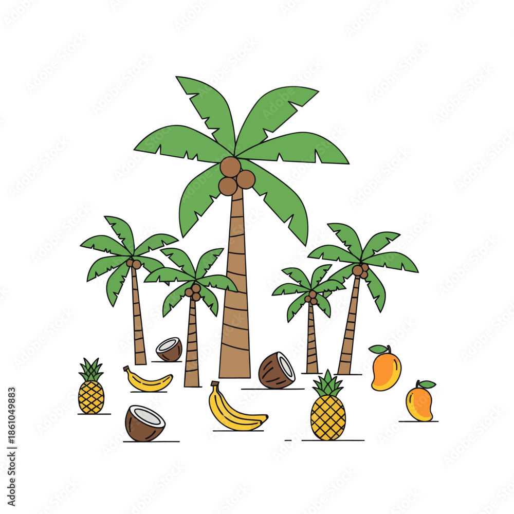 Fototapeta premium Tropical Fruit Paradise: Palm Trees, Bananas, Pineapples and Mangoes illustration
