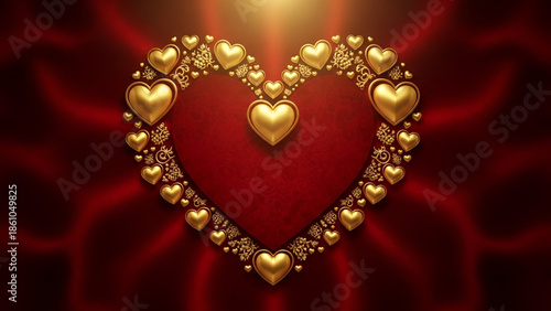 Valentine golden heart design with red romantic background for love proposal promise hug kiss celebration luxury greeting card concept