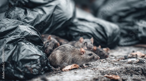 Rats scavenging near black trash bags