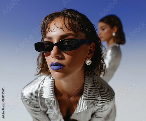 Two models in metallic striped shirts pose with contrasting expressions, one wearing bold blue lipstick. Conceptual fashion duo portrait with dramatic tones and symmetry.