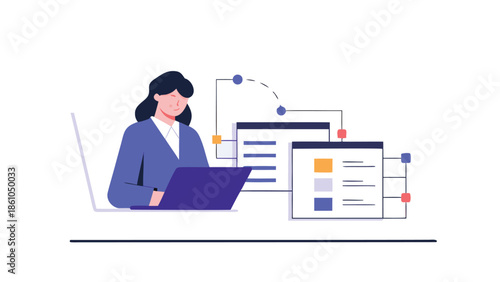 Businesswoman working on laptop with web pages and workflow diagrams