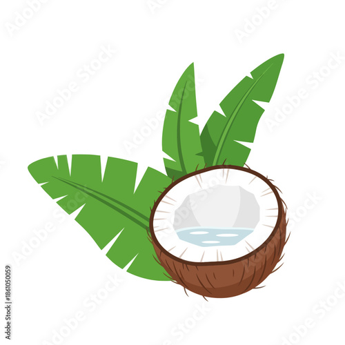 Tropical Coconut Halved with Green Palm Leaves