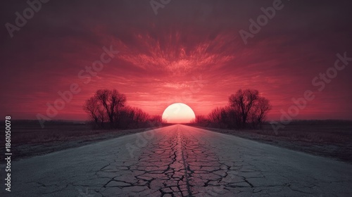 Sunset over a cracked road with trees on either side.