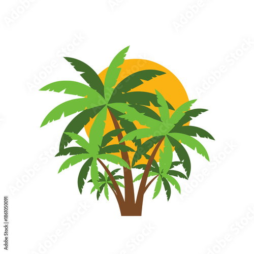 Tropical Palm Trees Silhouette Against Orange Sunset Sun