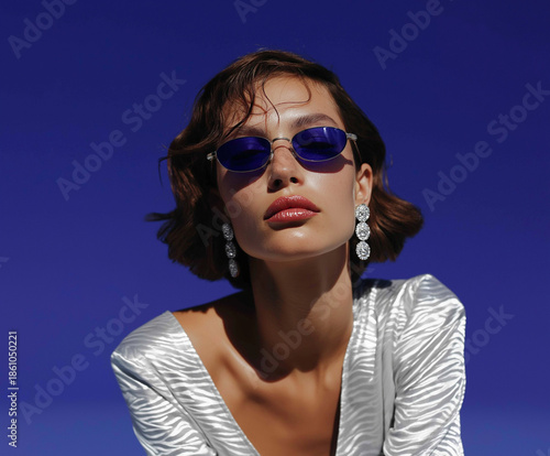 Editorial beauty portrait of young model with blue sunglasses and glossy skin. Trendy fashion campaign visual for branding and social media