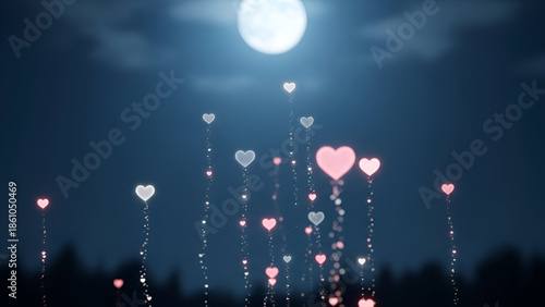 Valentine love hearts floating under moon light showing romance emotion promise affection connection for proposal hug kiss celebration night background