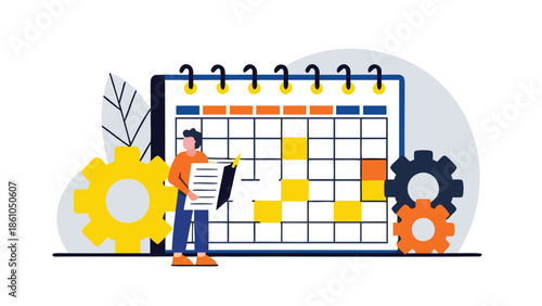 Person planning schedule on calendar with colorful tasks and gears