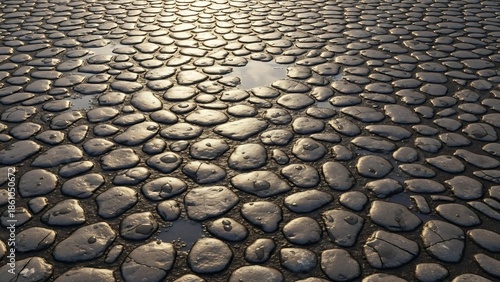 Wallpaper Mural Wet cobblestone pathway with smooth, rounded stones and reflective puddles, creating a textured, natural surface. Torontodigital.ca