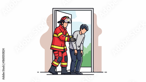 Firefighter Rescuing Man from Building Doorway