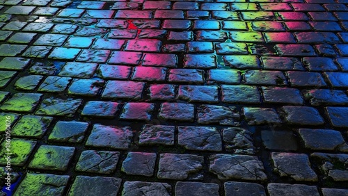 Wallpaper Mural Wet cobblestone street illuminated by vibrant neon lights, reflecting colorful hues of pink, blue, and green. Torontodigital.ca
