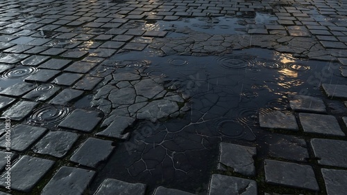 Wallpaper Mural Wet cobblestone street with rain ripples and reflections, conveying a mood of melancholy and urban atmosphere. Torontodigital.ca