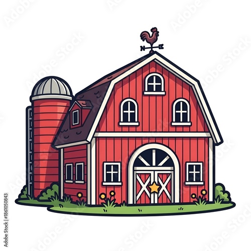 Red farm barn building cartoon illustration on white background