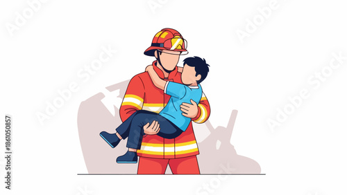 Firefighter Rescuing a Child from Danger, Vector Illustration