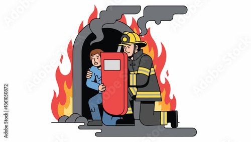 Firefighter Rescuing Man from Burning Building, Illustration