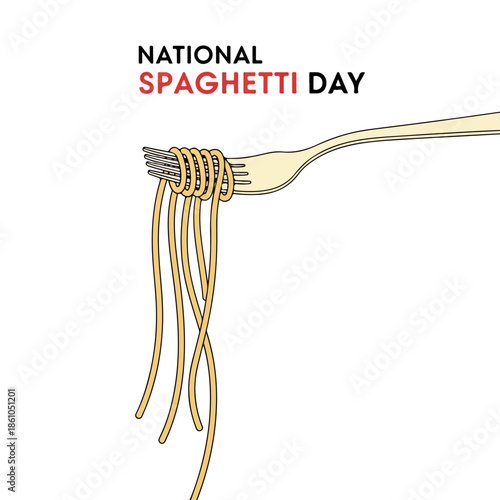A fork with a serving of spaghetti hanging from it, presented on a white background with National Spaghetti Day text. Perfect for food blogs, restaurant promotions, and social media posts.