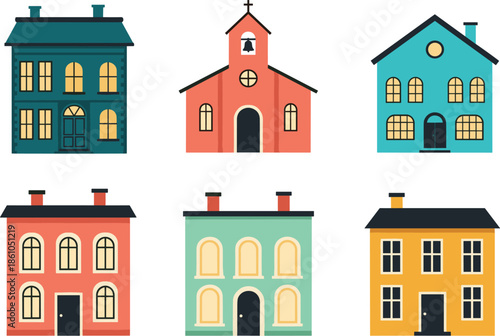 Colorful flat building illustration set featuring residential houses and church facades in simple architectural vector style