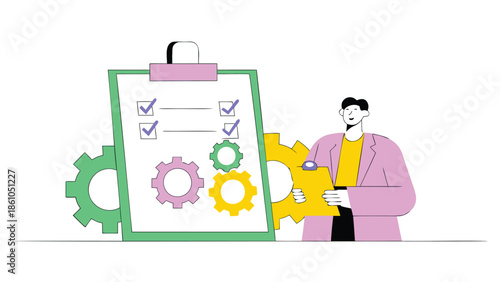 Businessman checking tasks on clipboard with colorful gears