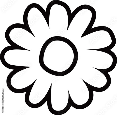 満開のデイジーの花のアウトライン白黒線画イラスト　カモミールやハーブ系のシンプルな花のイメージ　透明背景