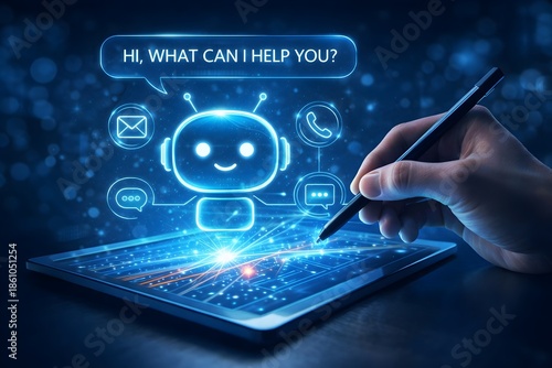 Wallpaper Mural A smiling businessman using a stylus on a tablet with a glowing blue AI chatbot hologram, featuring communication icons in a bright modern office. Torontodigital.ca