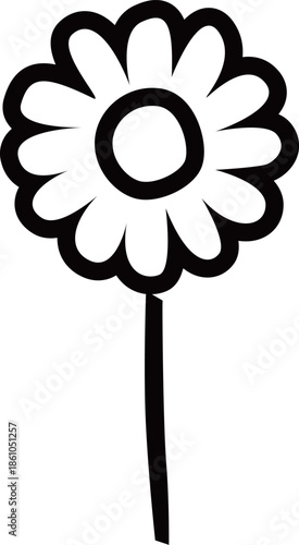 満開のデイジーの花のアウトライン白黒線画イラスト　カモミールやハーブ系のシンプルな花のイメージ　透明背景