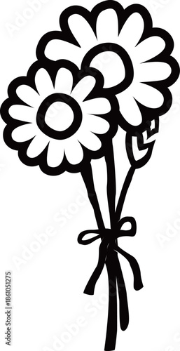 満開のデイジーの花束のアウトライン白黒線画イラスト カモミールやハーブ系のシンプルな花のイメージ　透明背景